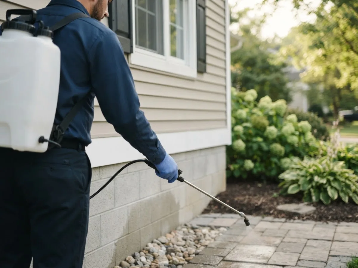 Pest control technician inspecting a home in Franklinville, NY